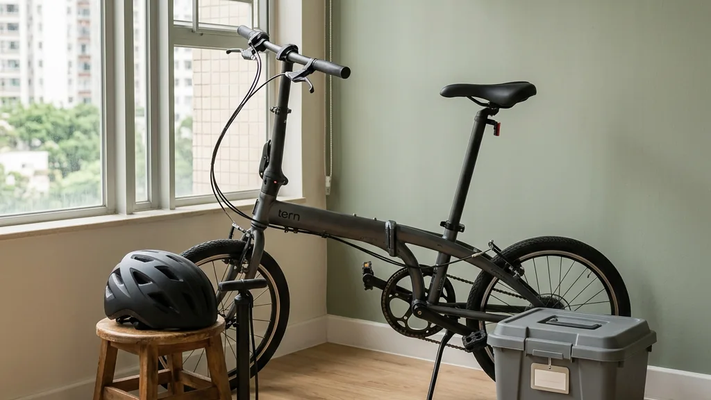 Bicycle and accessories organised for storage