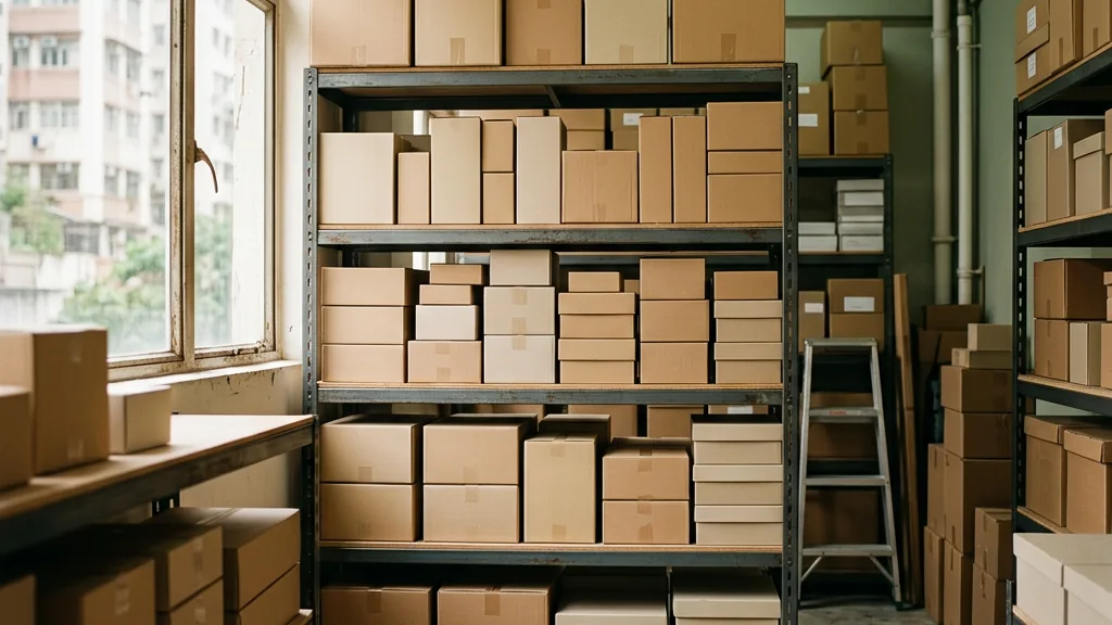 Business inventory on organised storage shelves