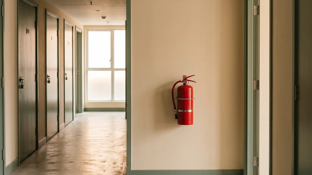 Clear storage corridor with accessible fire-safety equipment
