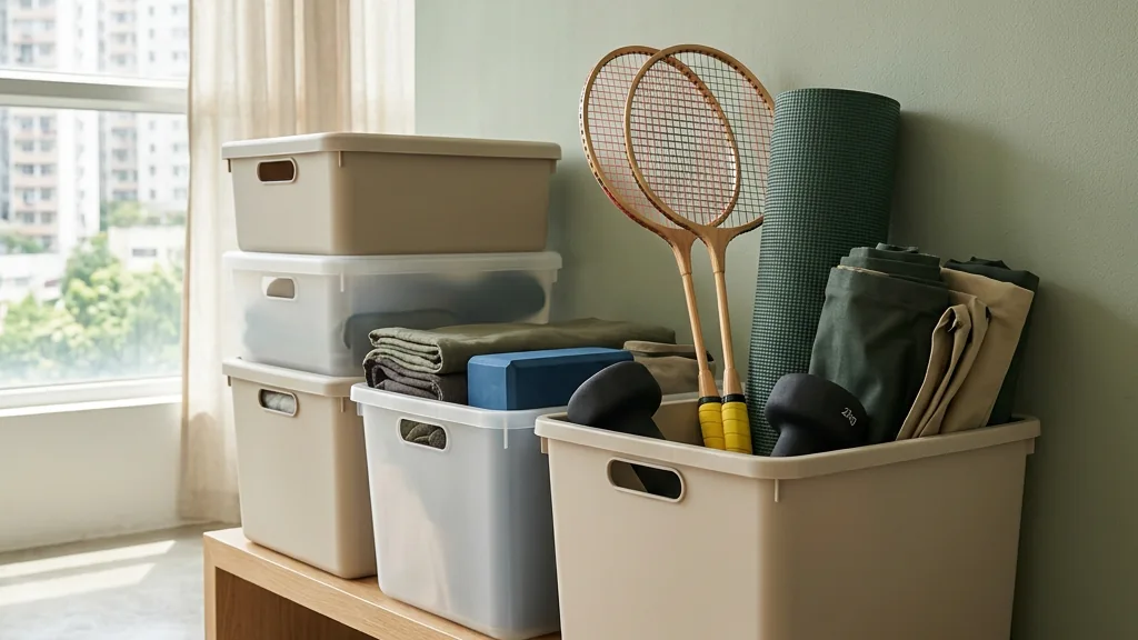 Sports and camping equipment organised for storage