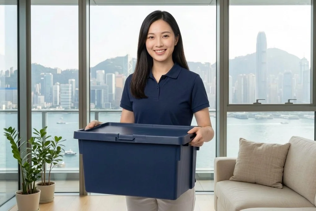 Door-to-door Box Storage service scenario: Service staff holding a dark blue storage box in the living room