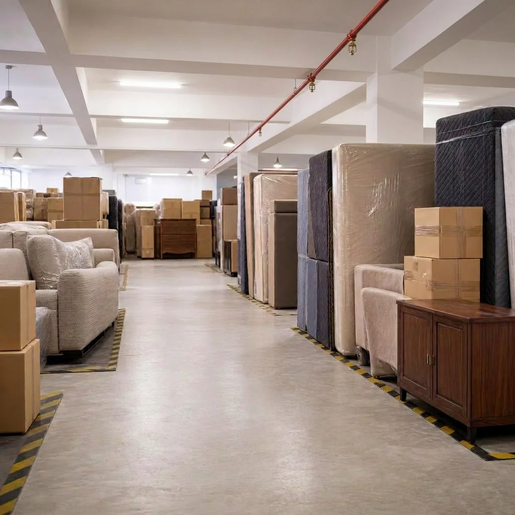 Packaged furniture and moving boxes stored in designated zones, with a spacious aisle in the middle