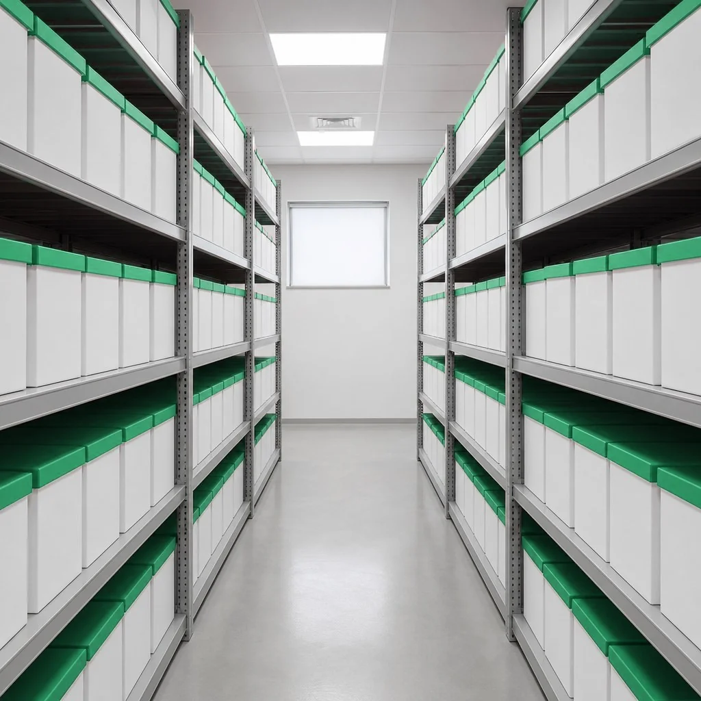 White file boxes with green lids neatly stored on shelves on both sides, with an aisle kept in between