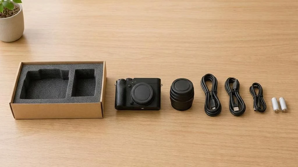 A camera, lenses, coiled cables, and removed batteries next to a padded storage box
