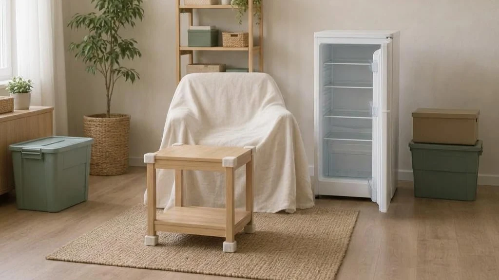 A wooden table with corner protectors, an armchair covered with a fabric cover, and an upright refrigerator