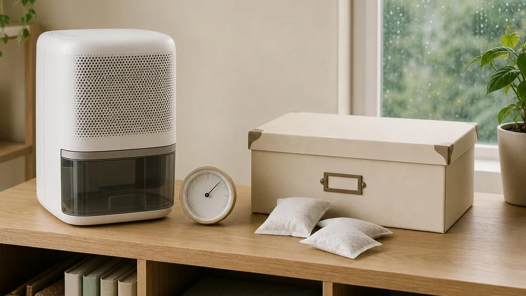 A dehumidifier, hygrometer, and desiccant next to a storage box