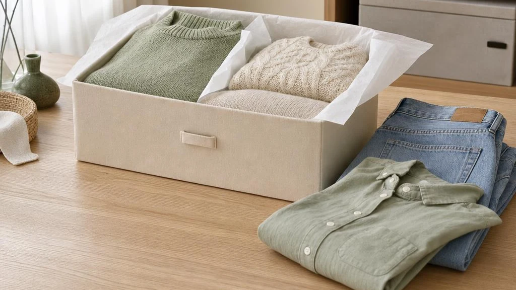 Neatly folded knitwear inside a storage box with jeans next to it