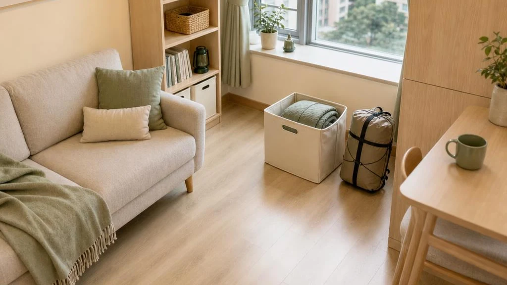 Storage boxes, folding items, and clear floor space in a small living room