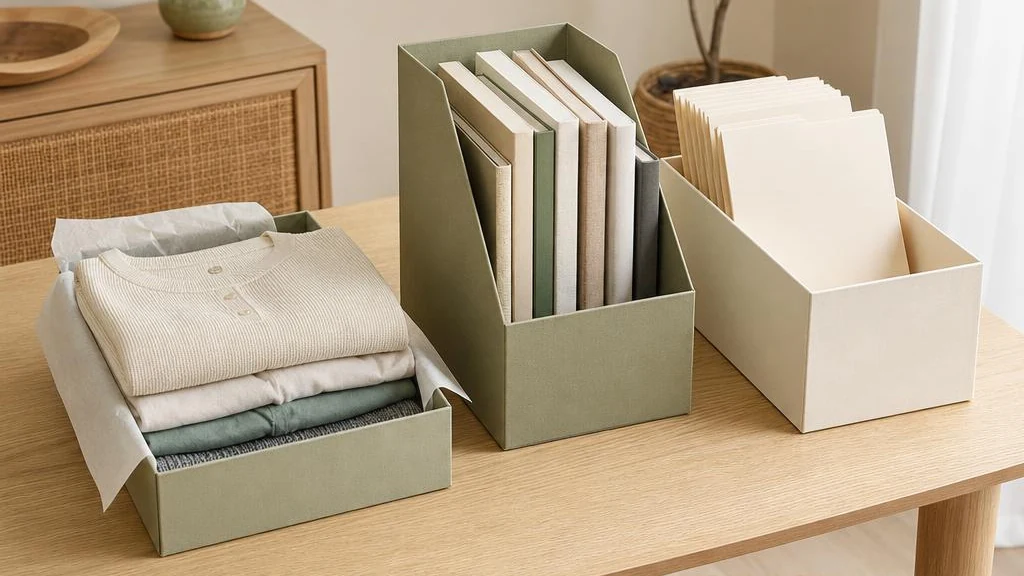 Separately organised folded clothing, books, and folders