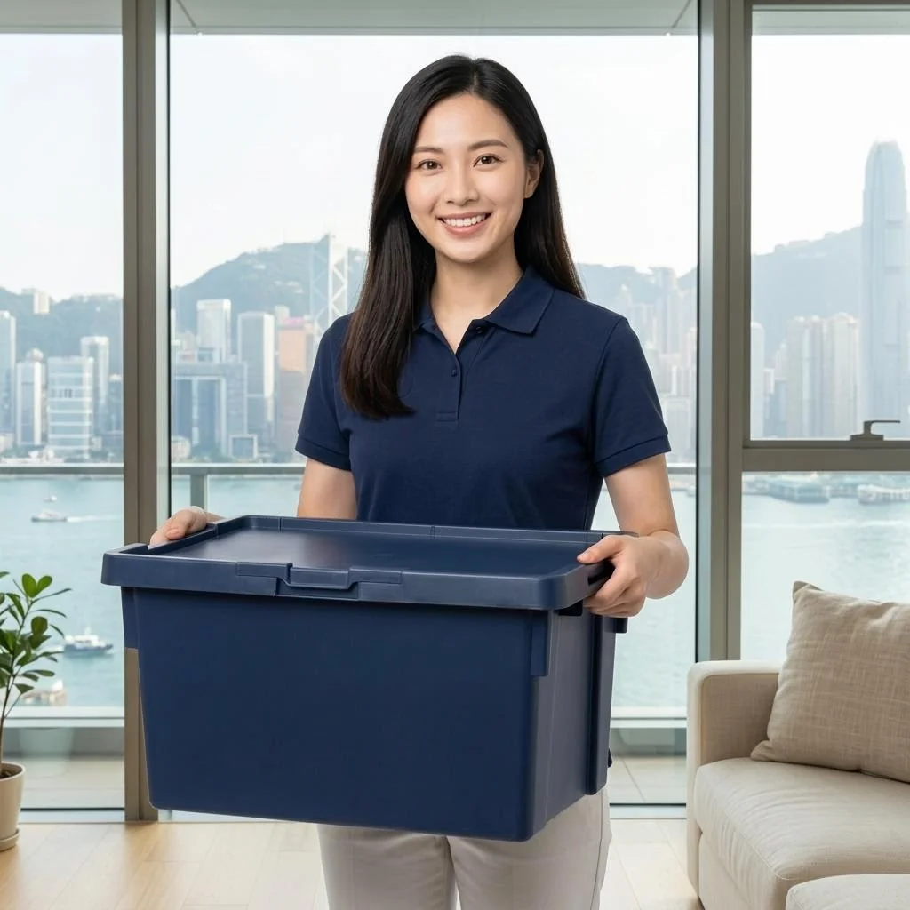 A lady with long hair wearing a dark blue polo, holding a dark blue mini plastic box in front of a living room glass window, with a view of the Hong Kong city and harbour outside and a beige sofa beside her