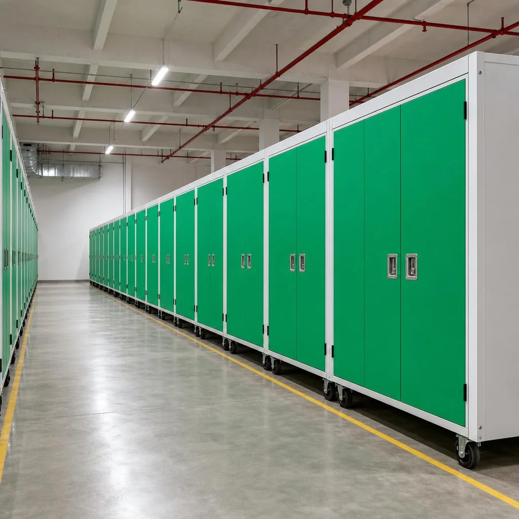 Green mobile storage units neatly arranged, with white frames, base wheels, and a clear central aisle.